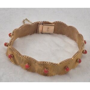 Vintage RADI Gold Mesh Bracelet Red Coral Accents Scalloped Edge Box Clasp